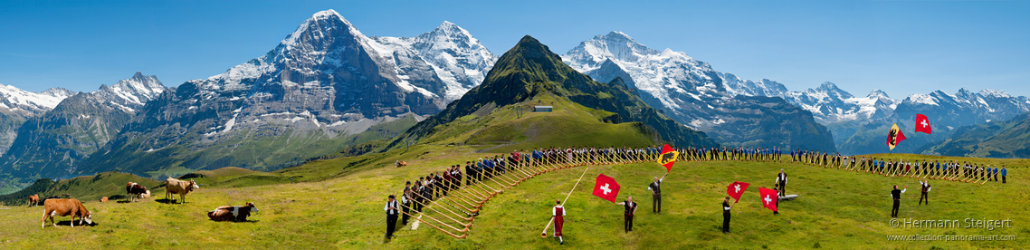 Alphornblaesertreffen auf dem Maennlichen mit Blick auf Eiger, Mönch und Jungfrau