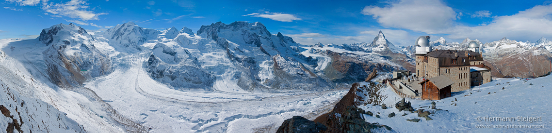 Gornergrat mit Blick auf Gornergletscher, 3100 Kulmhotel Gornergrad und Matterhorn